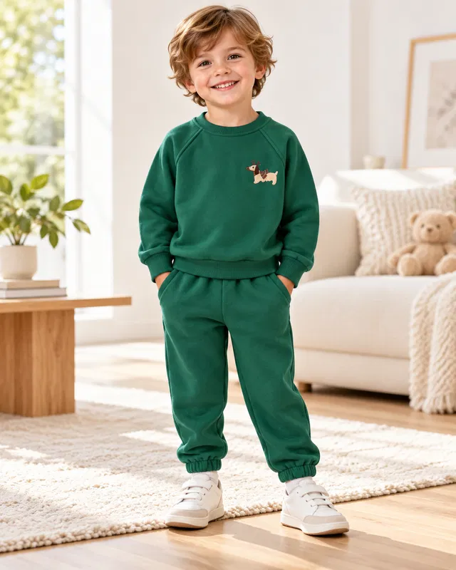 Erkek Çocuk Koyu Yeşil Sevimli Nakışlı Sweatshirt ve Eşofman Altı Takımı [Renk: Standart]