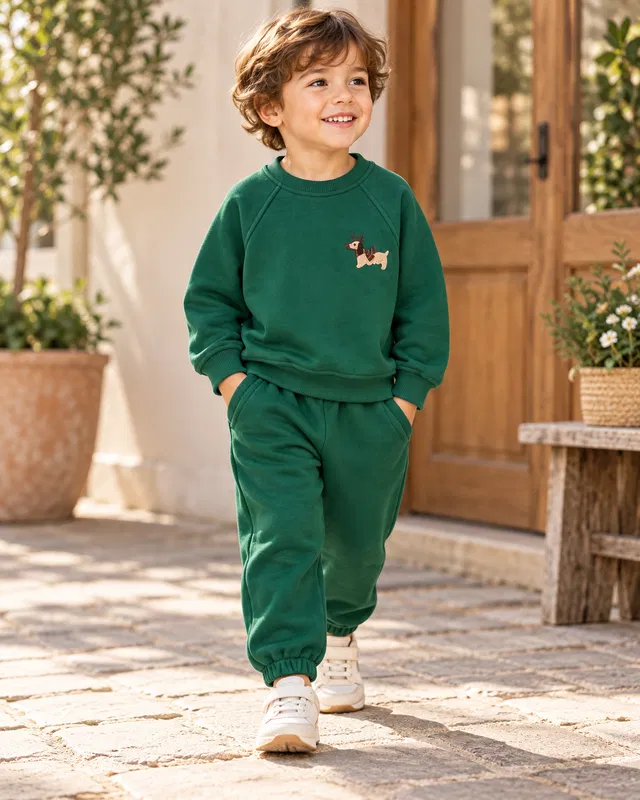 Erkek Çocuk Koyu Yeşil Sevimli Nakışlı Sweatshirt ve Eşofman Altı Takımı [Renk: Standart]
