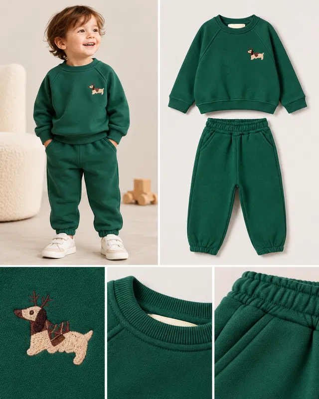 Erkek Çocuk Koyu Yeşil Sevimli Nakışlı Sweatshirt ve Eşofman Altı Takımı [Renk: Standart]
