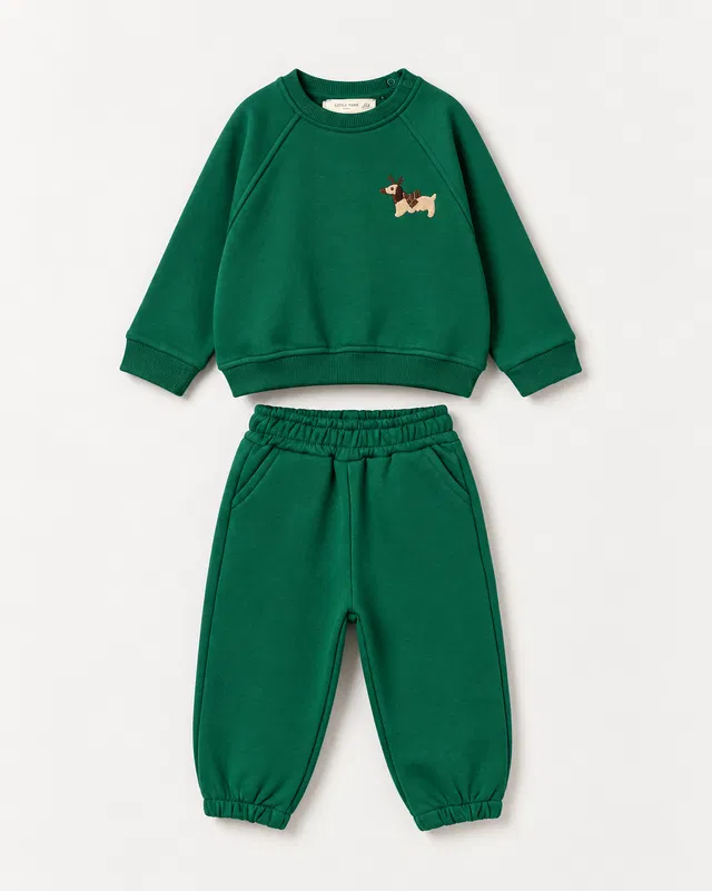Erkek Çocuk Koyu Yeşil Sevimli Nakışlı Sweatshirt ve Eşofman Altı Takımı [Renk: Standart]