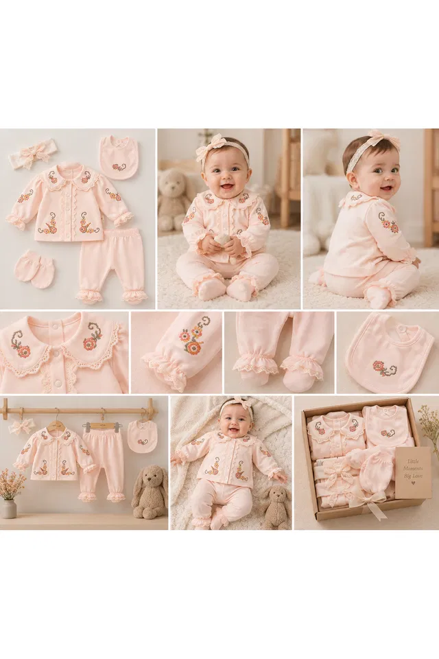 Kız Bebek Çiçek Nakışlı Yaka Detaylı 5'li Hastane Çıkışı ve Kombin Set [Renk: Pembe]