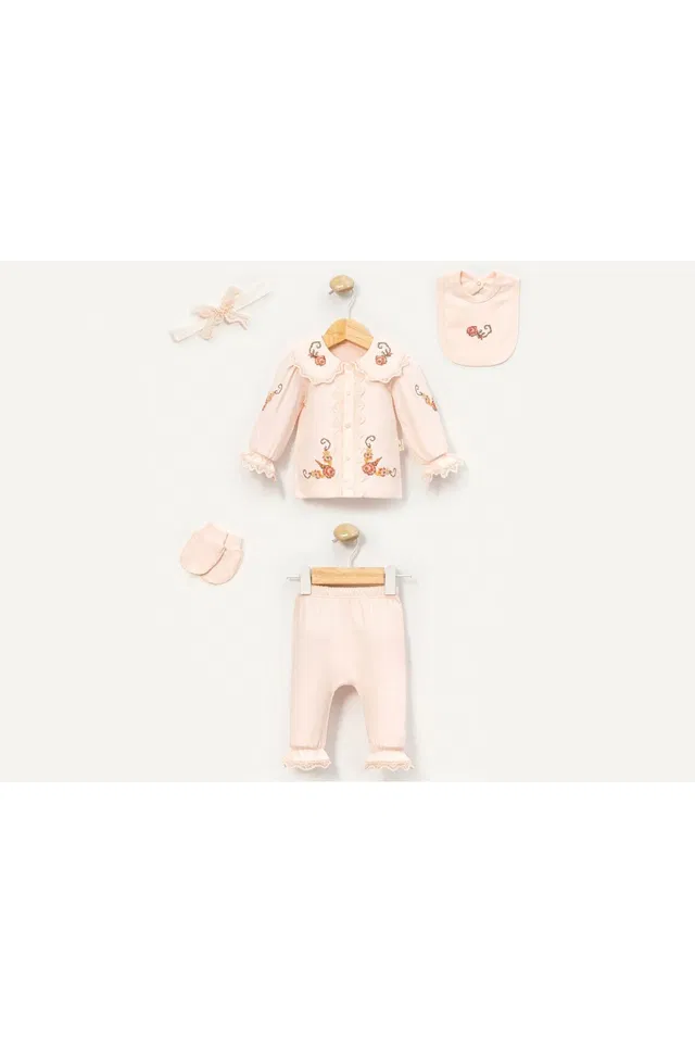 Kız Bebek Çiçek Nakışlı Yaka Detaylı 5'li Hastane Çıkışı ve Kombin Set [Renk: Pembe]