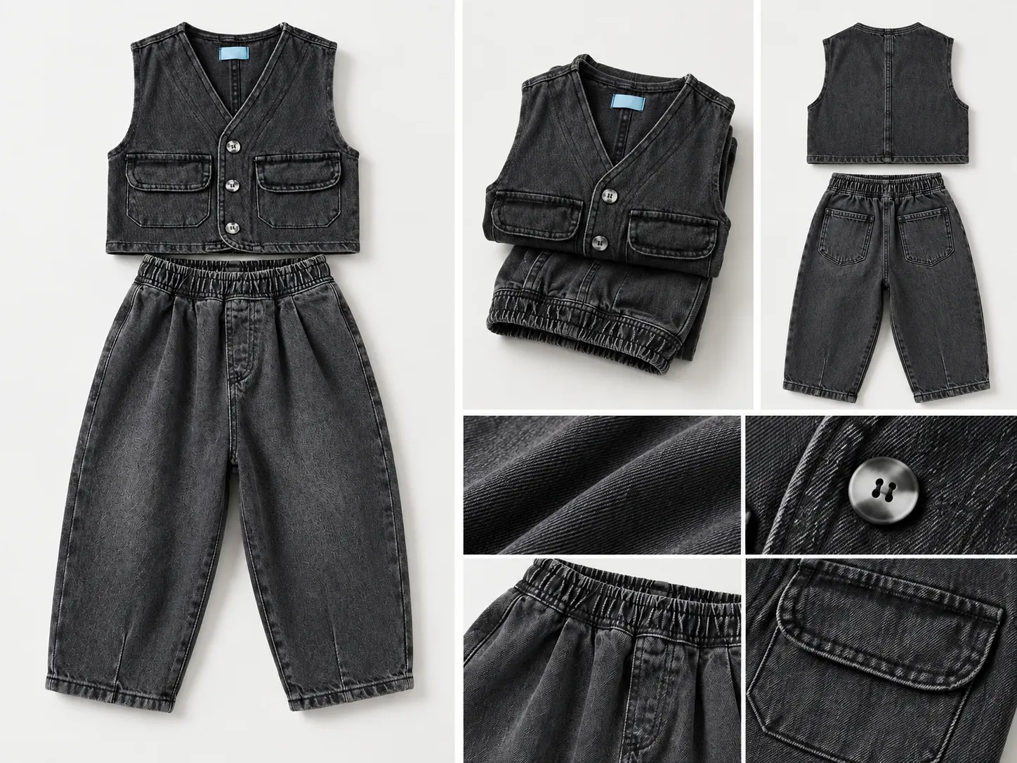Erkek Çocuk Siyah Denim Yelek ve Pantolon İkili Kombin Takım [Renk: Siyah]