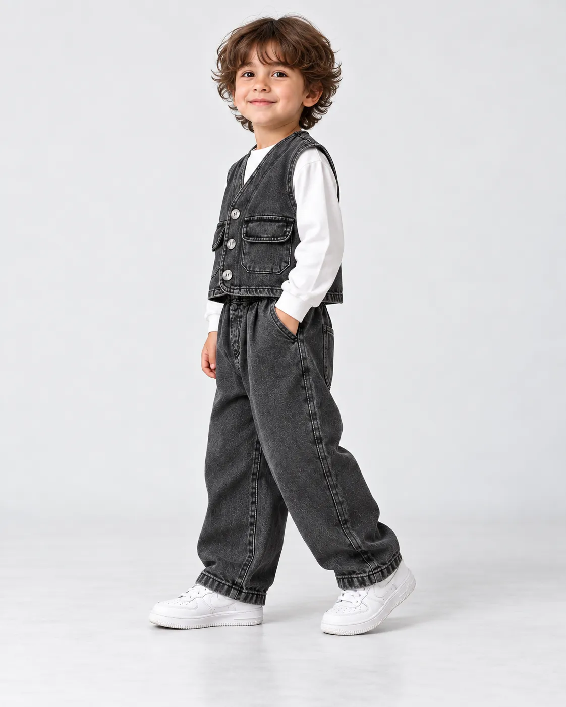 Erkek Çocuk Siyah Denim Yelek ve Pantolon İkili Kombin Takım [Renk: Siyah]