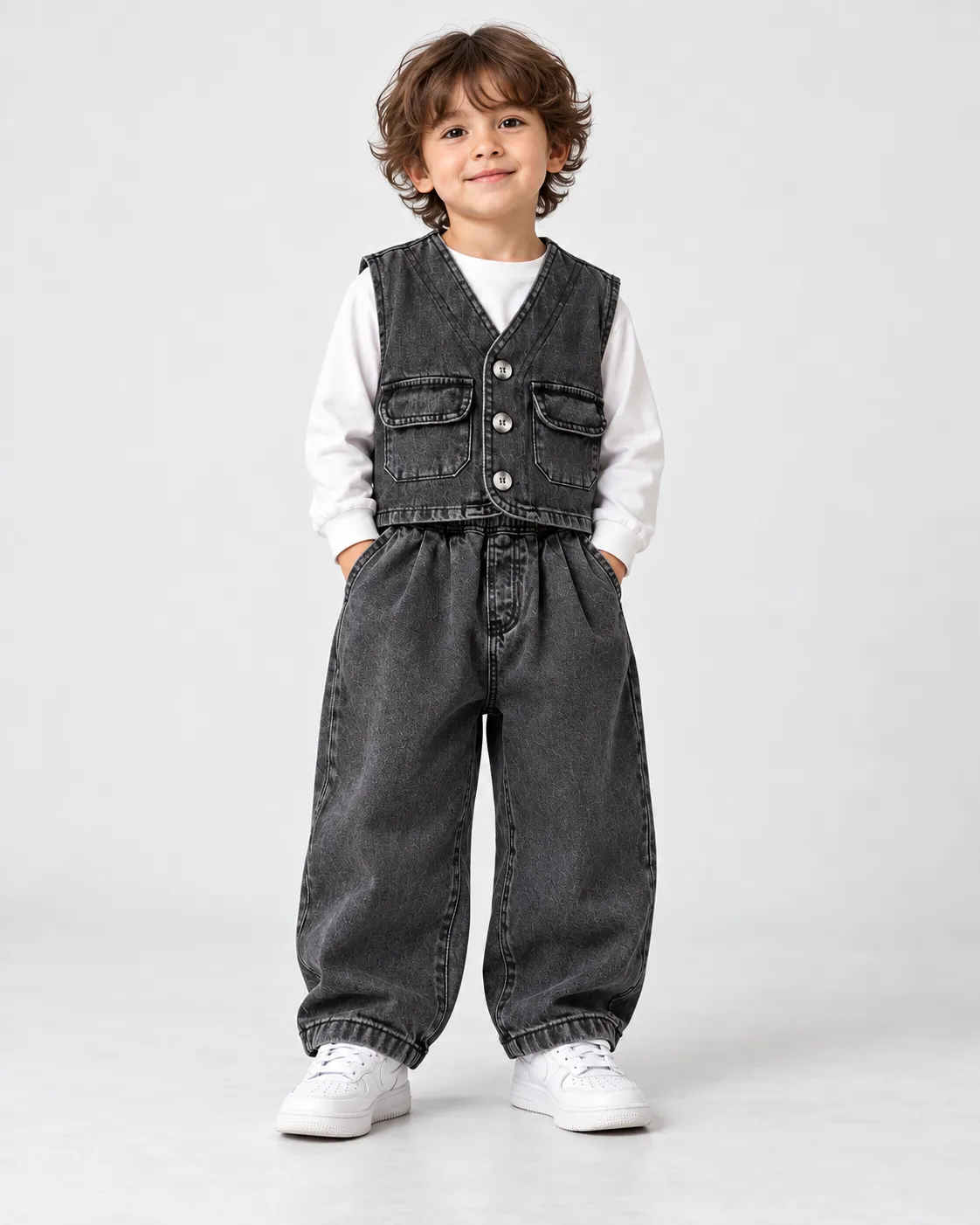 Erkek Çocuk Siyah Denim Yelek ve Pantolon İkili Kombin Takım [Renk: Siyah]