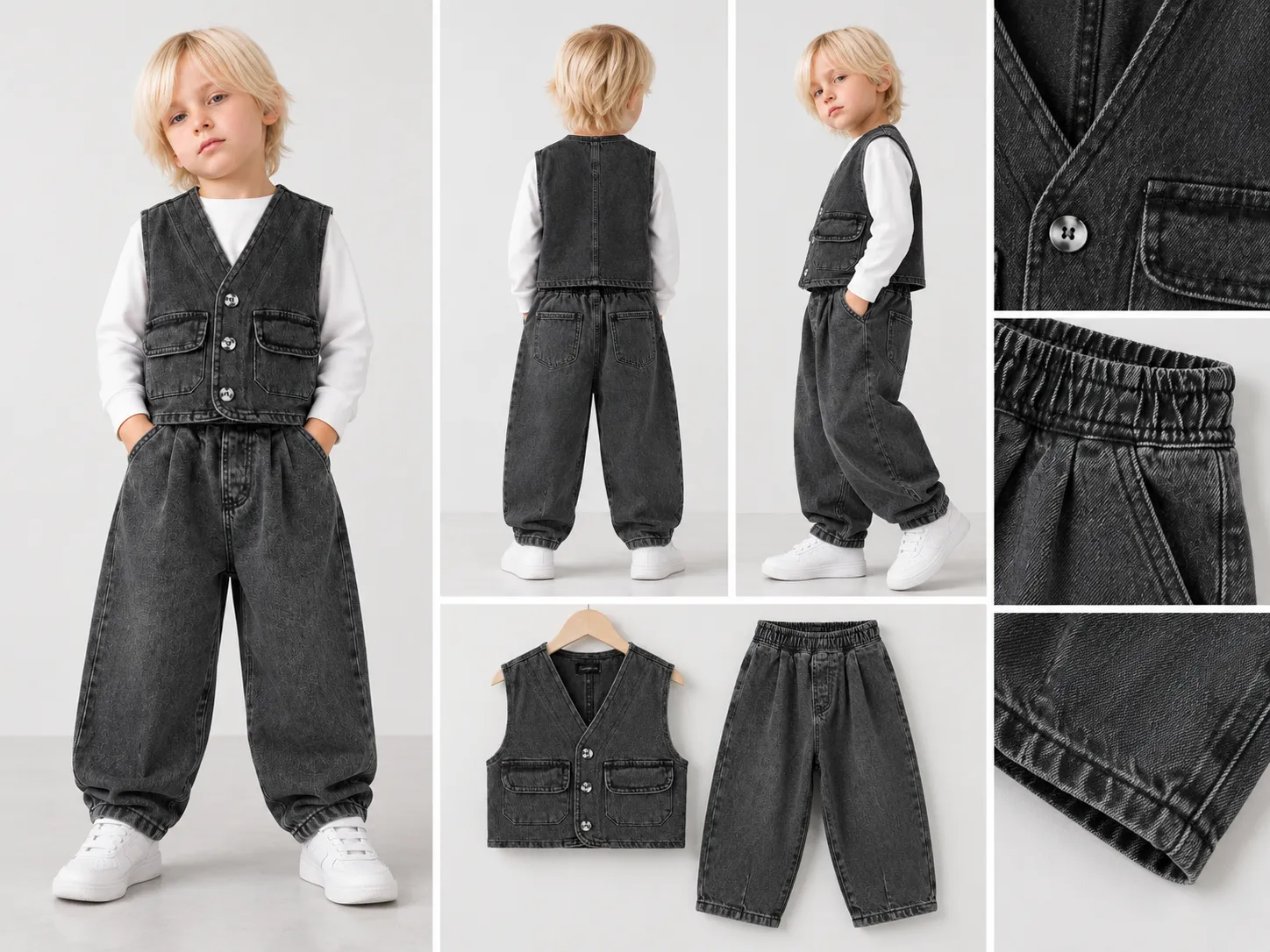 Erkek Çocuk Siyah Denim Yelek ve Pantolon İkili Kombin Takım [Renk: Siyah]