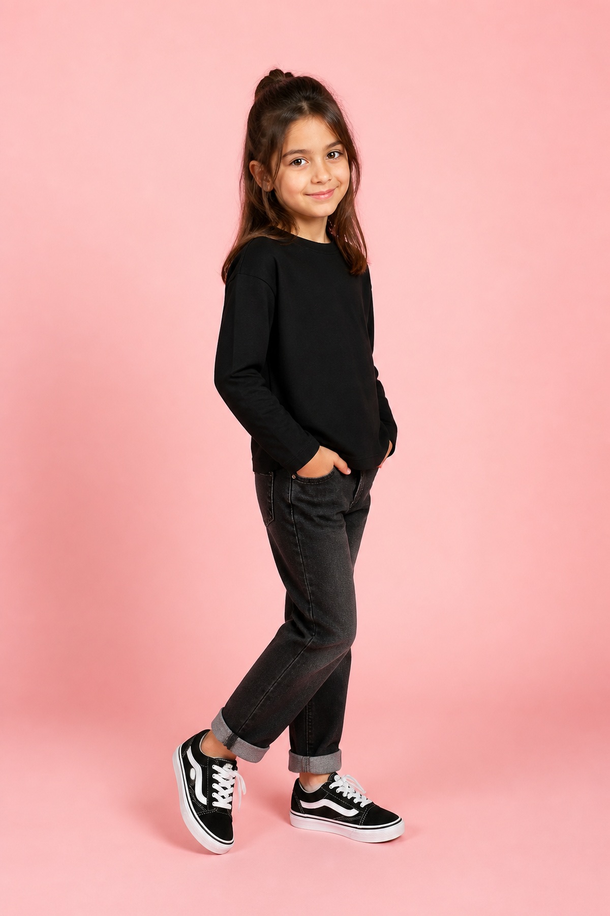 Düz Siyah Pamuklu Basic Uzun Kol Unisex [Renk: Siyah]