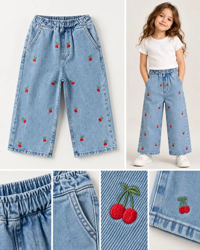 Kız Çocuk Kiraz Desenli Geniş Paça Jean Pantolon [Renk: Mavi]
