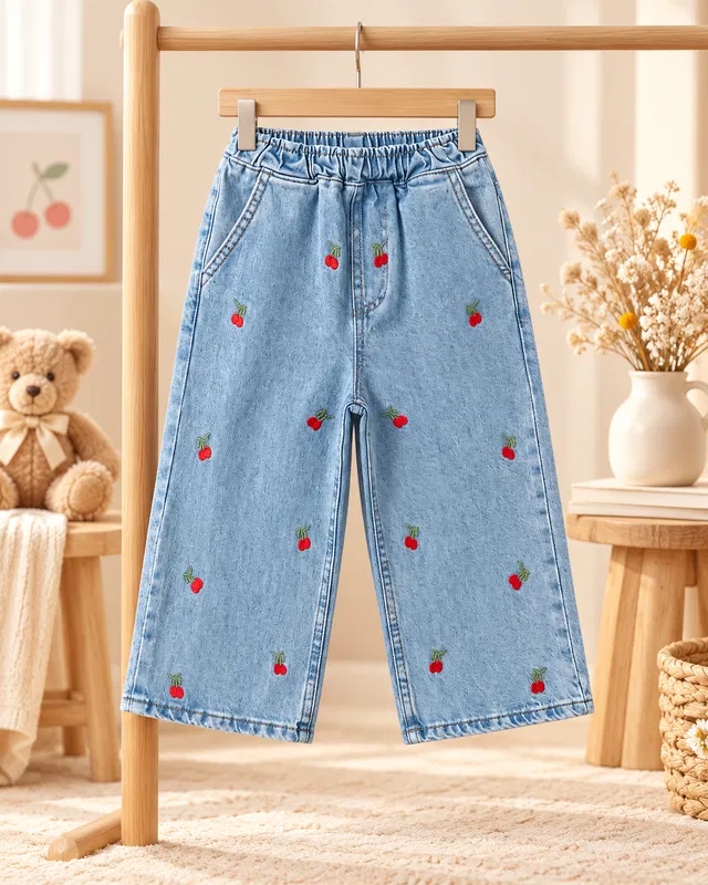 Kız Çocuk Kiraz Desenli Geniş Paça Jean Pantolon [Renk: Mavi]