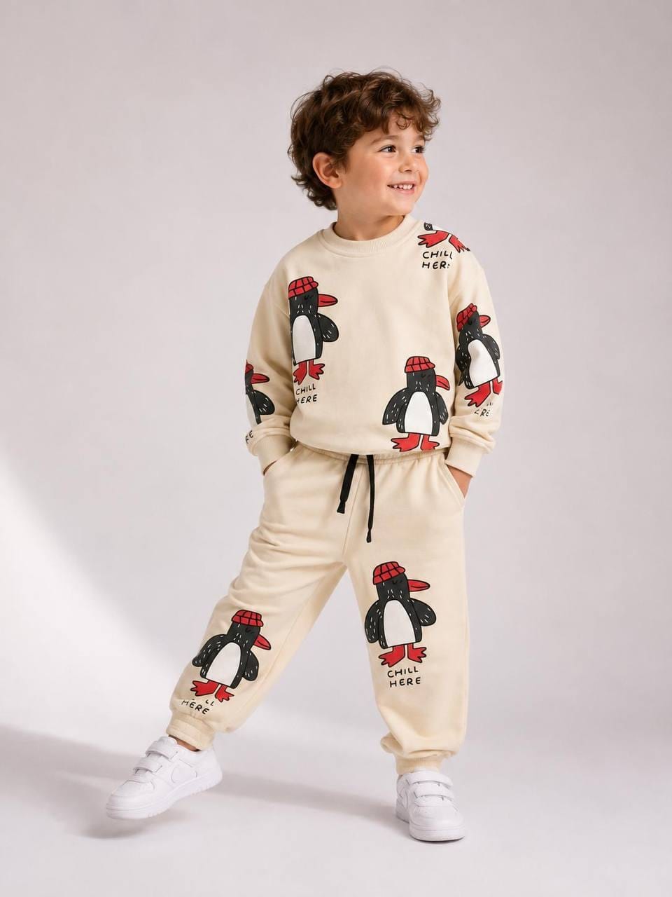 Erkek Çocuk Ekru Penguen Desenli Eşofman Takımı [Renk: Bej]