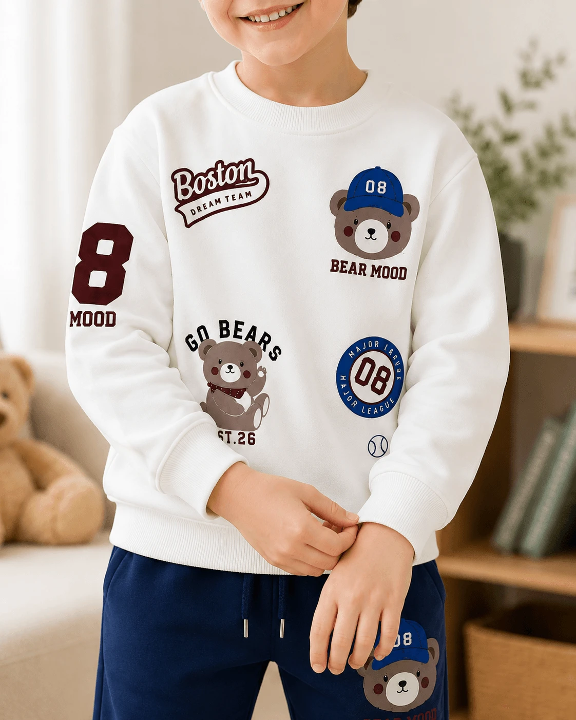 Erkek Çocuk Ayıcık Baskılı Sweatshirt Eşofman Altı Takımı [Renk: Lacivert]