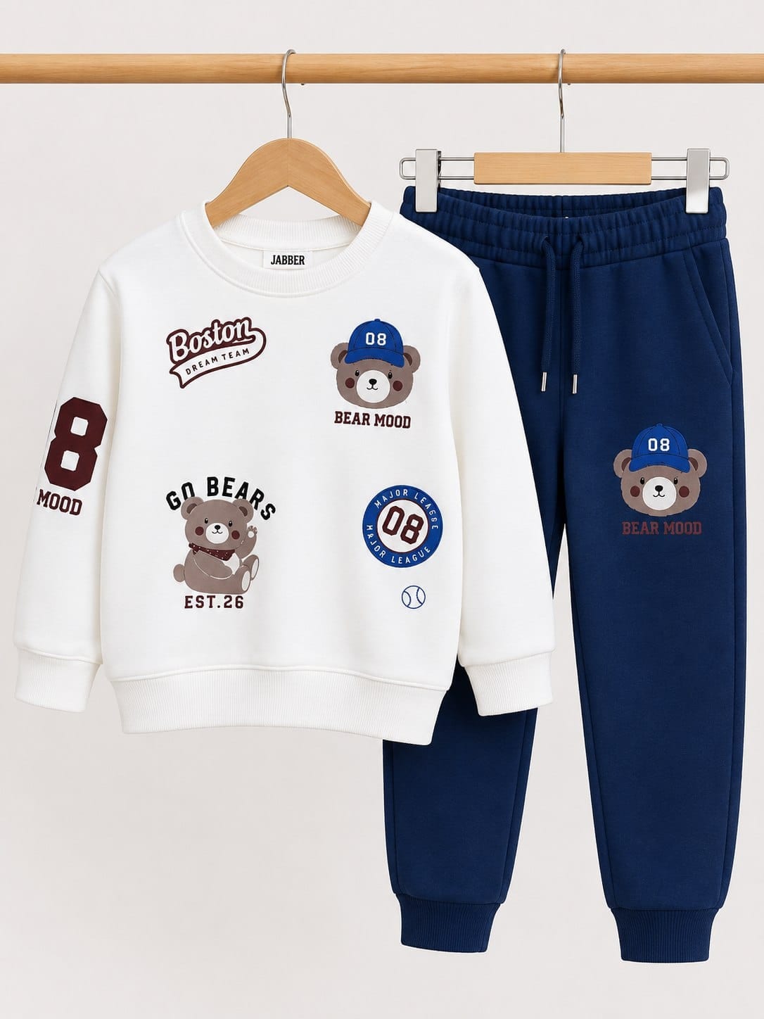 Erkek Çocuk Ayıcık Baskılı Sweatshirt Eşofman Altı Takımı [Renk: Lacivert]