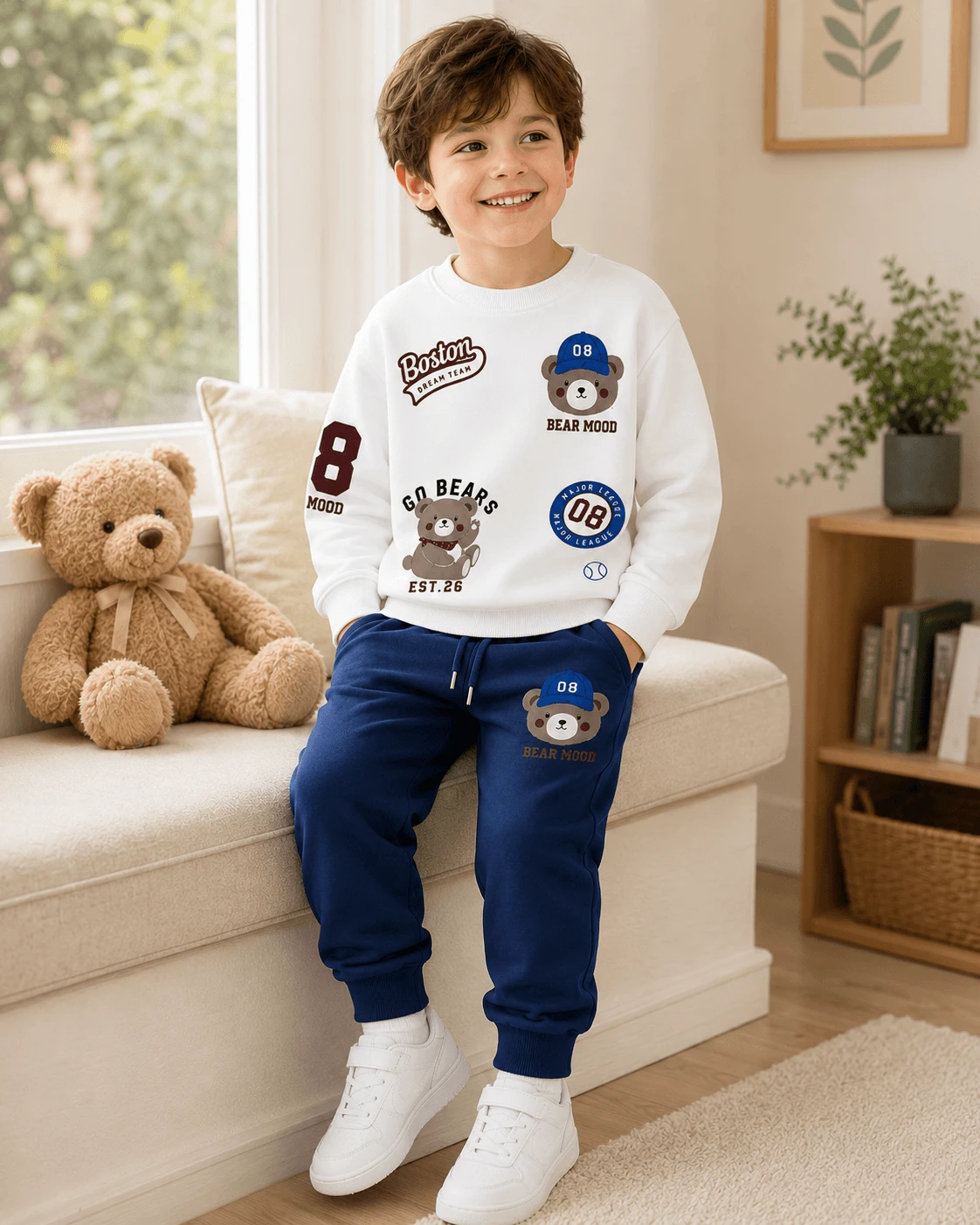 Erkek Çocuk Ayıcık Baskılı Sweatshirt Eşofman Altı Takımı [Renk: Lacivert]