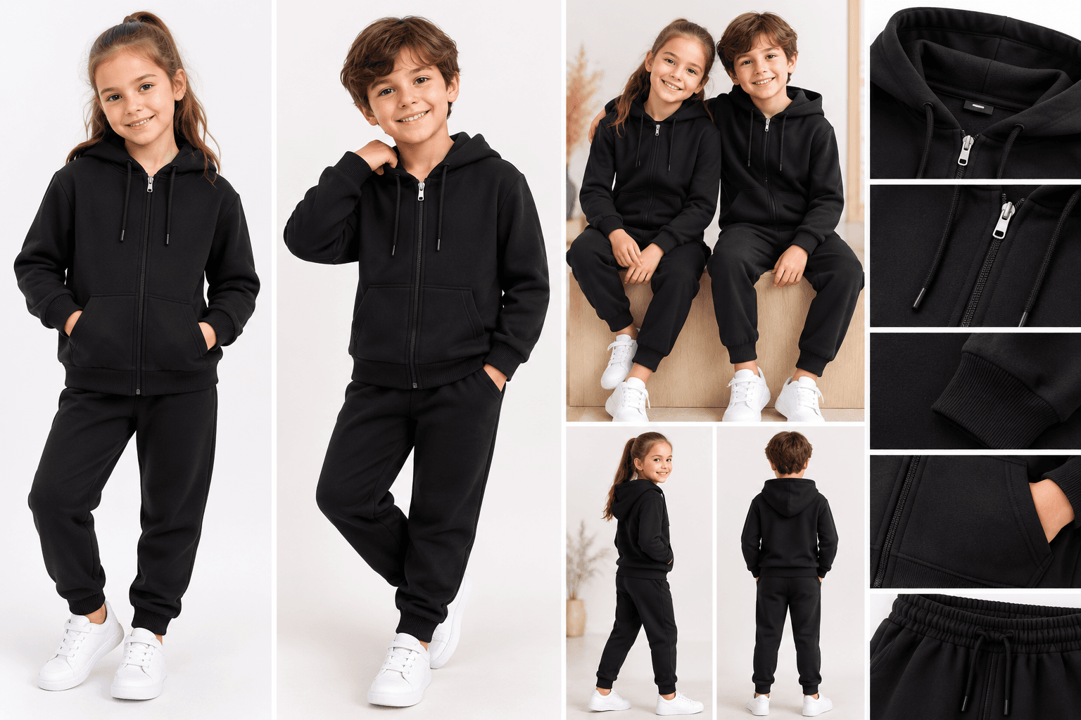 Çocuk Unisex Siyah Kapüşonlu Fermuarlı Eşofman Takımı Alt Üst