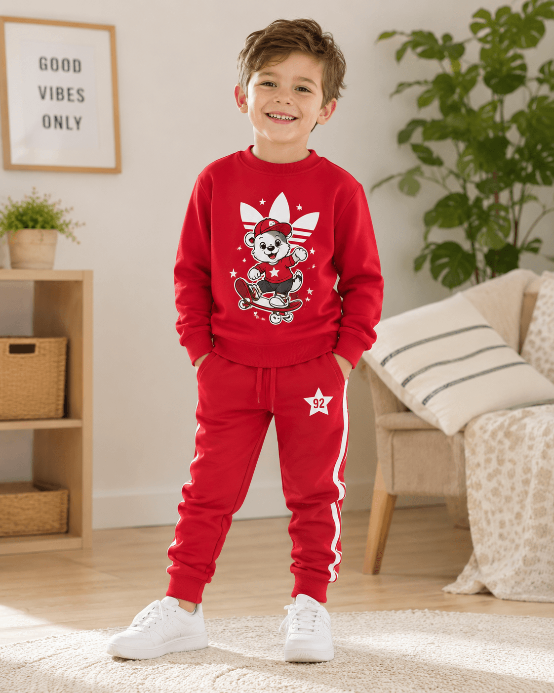 Unisex Çocuk Kırmızı Baskılı Sweatshirt ve Eşofman Takımı [Renk: Kırmızı]