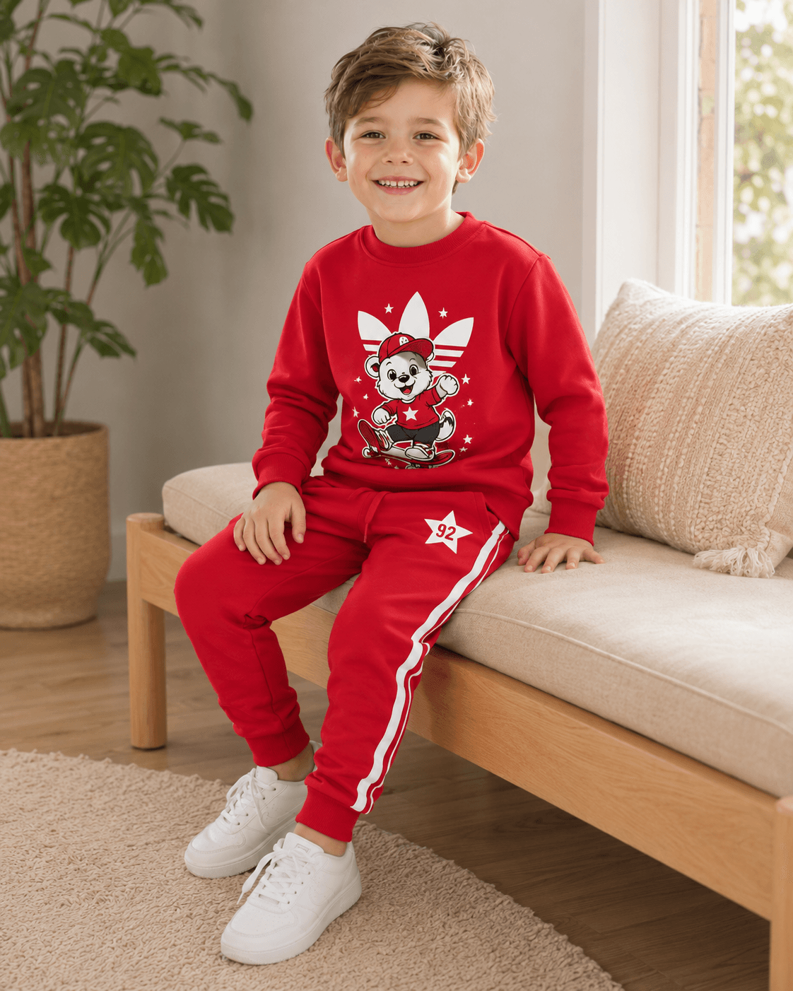 Unisex Çocuk Kırmızı Baskılı Sweatshirt ve Eşofman Takımı [Renk: Kırmızı]